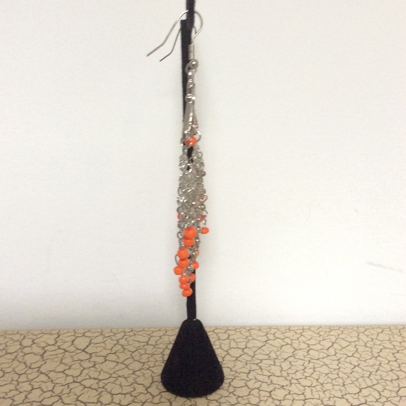 Chandelier Silver Tone Earrings w/Orange Beads. - Picture 2 of 3